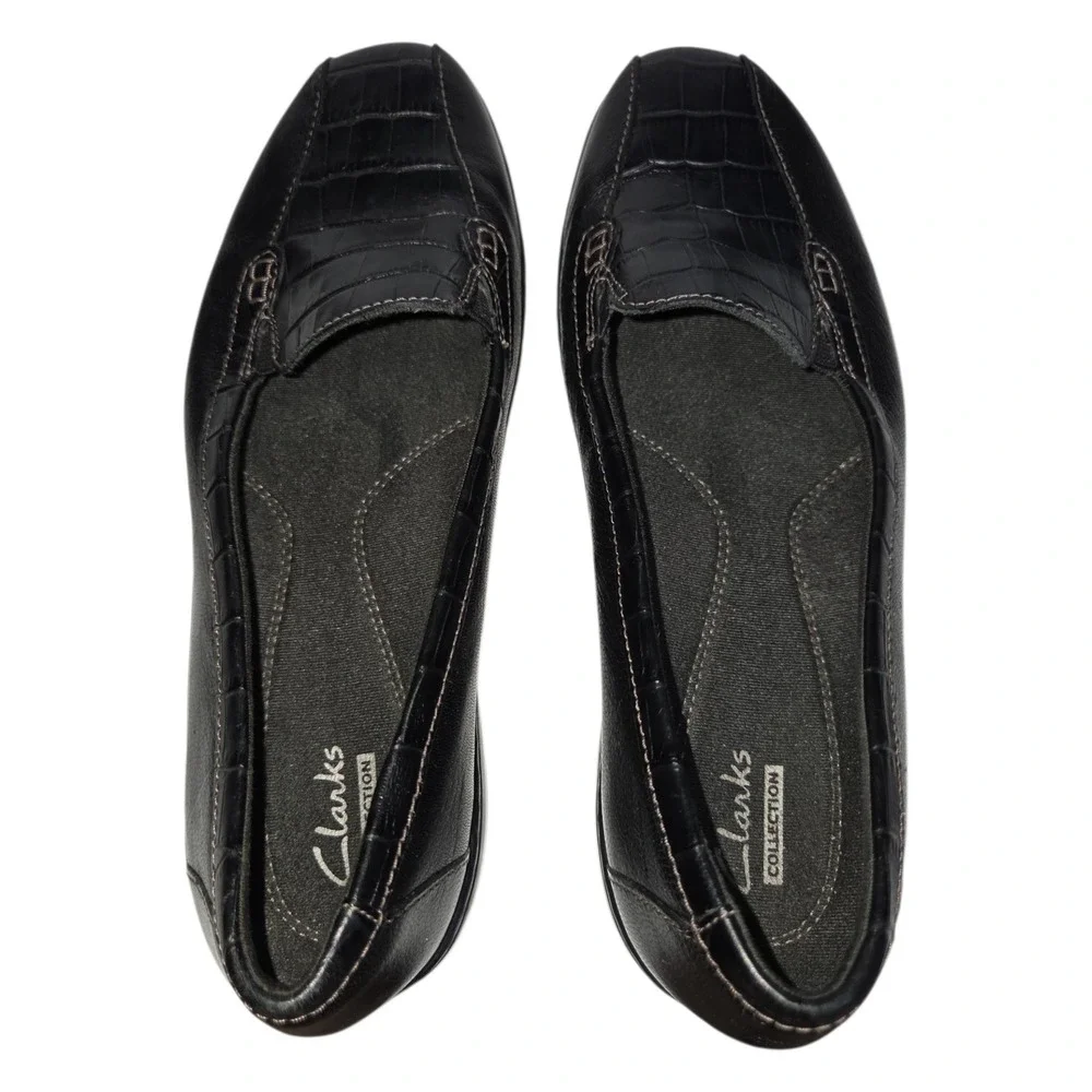 Clarks Collection Black Leather Croc‎ Embossed Loafers Womens 8